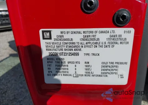 2003 Chevrolet Silverado 1500 Ls z USA, uszkodzony, nr VIN 2GCEK19T231254899